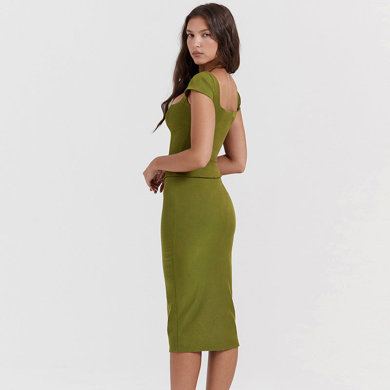 Autumn Casual Solid Color Short Sleeved Top Close Fitting Sheath Mid-Length Skirt Set for Women