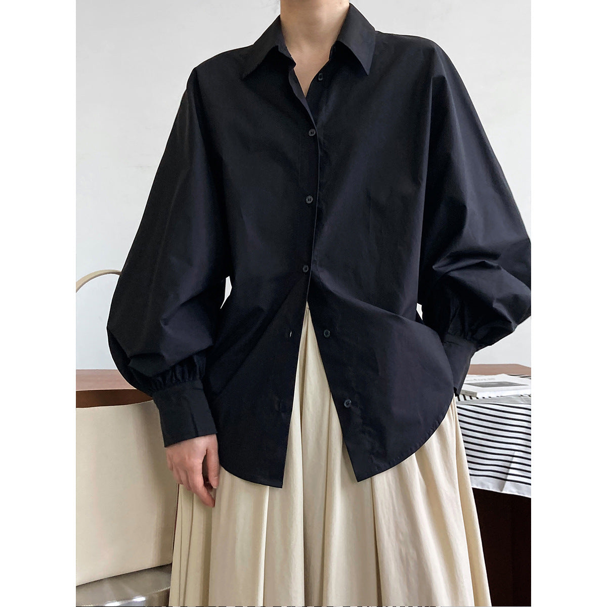 High Sense Lantern Sleeve Shirt Top Women Spring Loose Idle Shirt