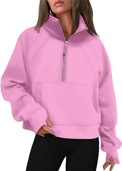 Women Clothing Half Zipper Short Stand Collar Thumb Hole Brushed Hoody