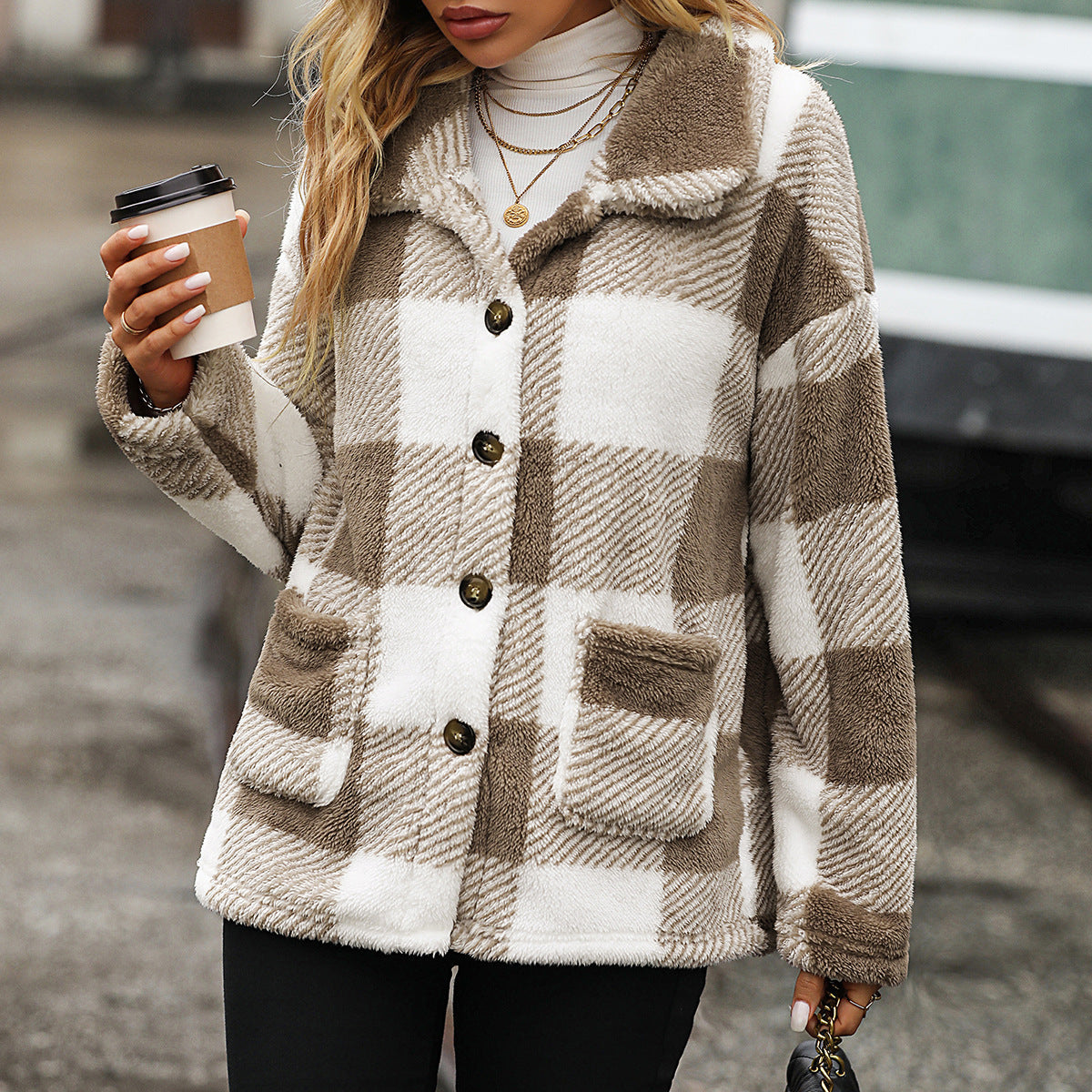 Autumn Winter Women Collared Long Sleeve Mid Length Plaid Single Breasted Plush Casual Jacket