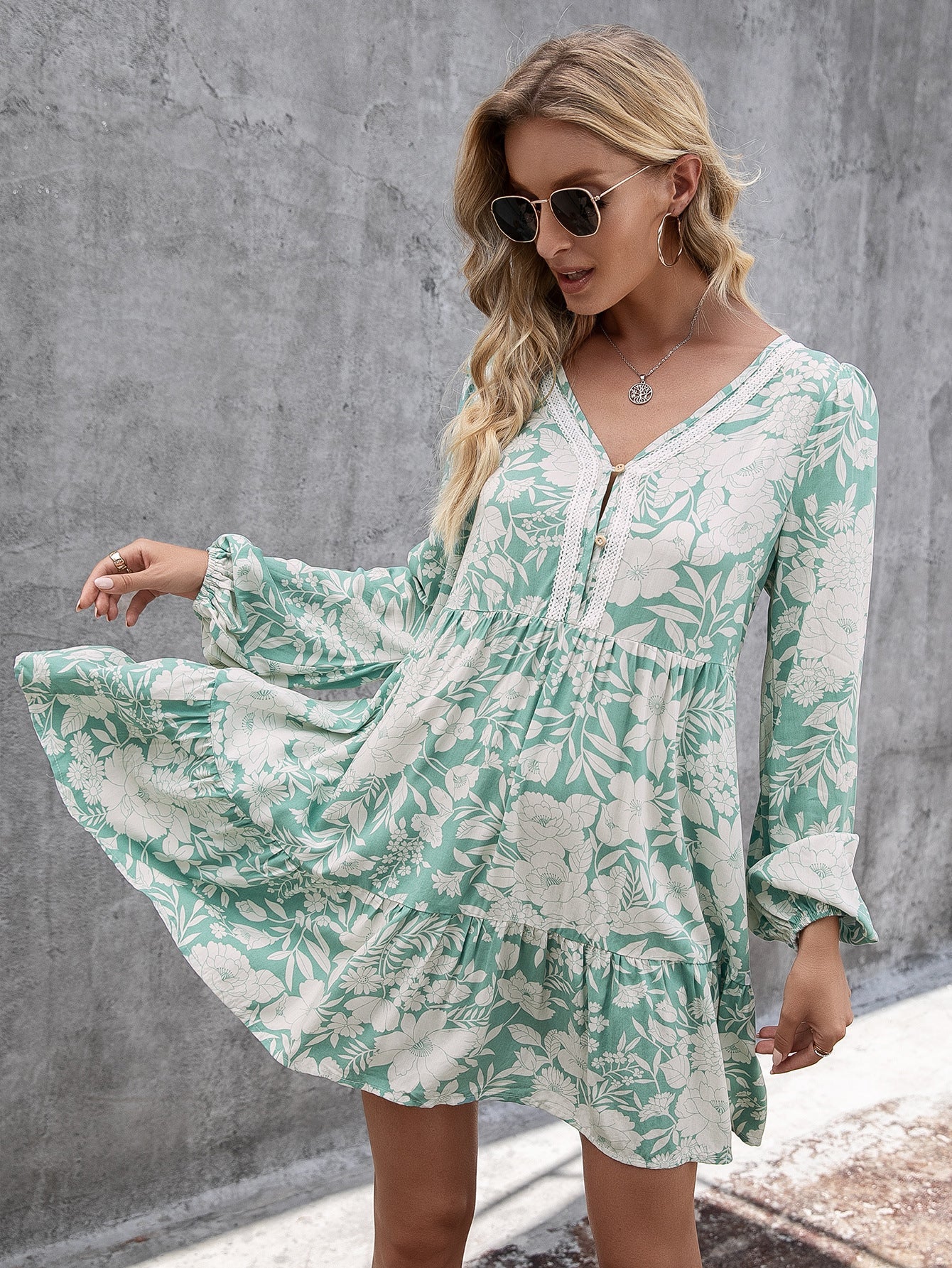 Loose Casual Floral Lace Splicing Pullover Long Sleeve V neck Printed Dress Women