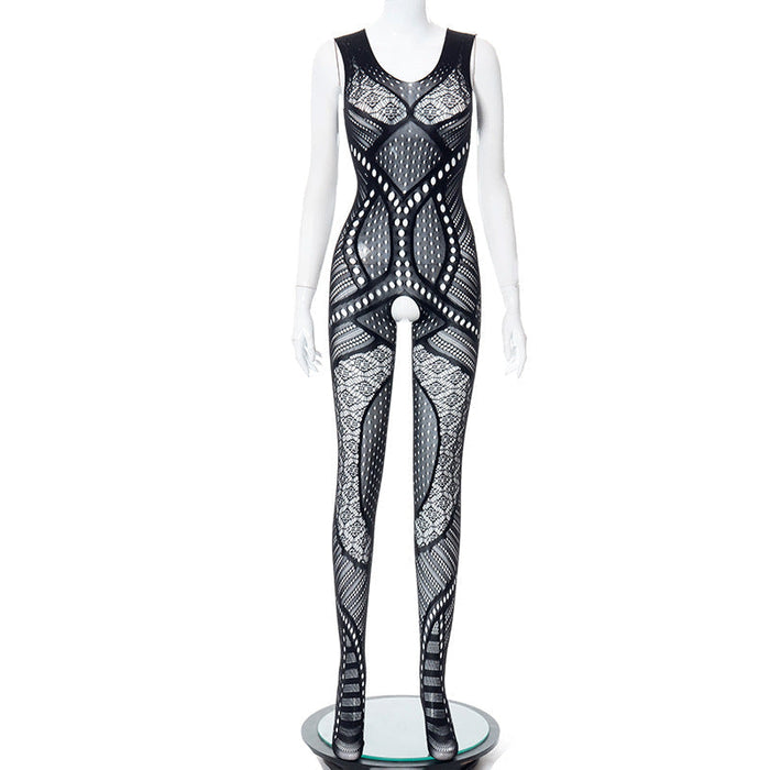 Women Clothing Spring Sexy Sleeveless U Neck Sheath Hollow Out Cutout Mesh Sexy One Piece Trousers