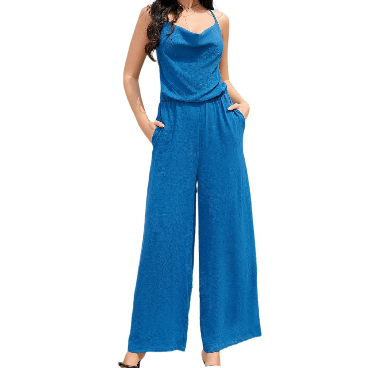 Women Clothing Sling Collar Wide Leg Pants Summer Casual Simple Casual Trousers