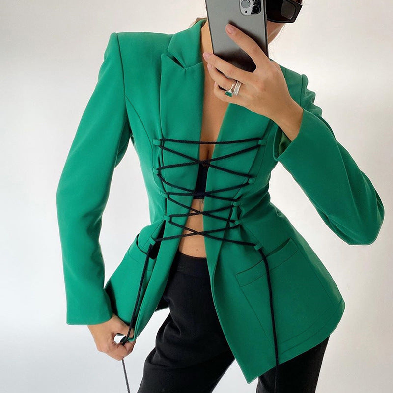 Striped Korean Contrast Color Lace up Office Skin Color Slim Solid Color Blazer Collar Coat