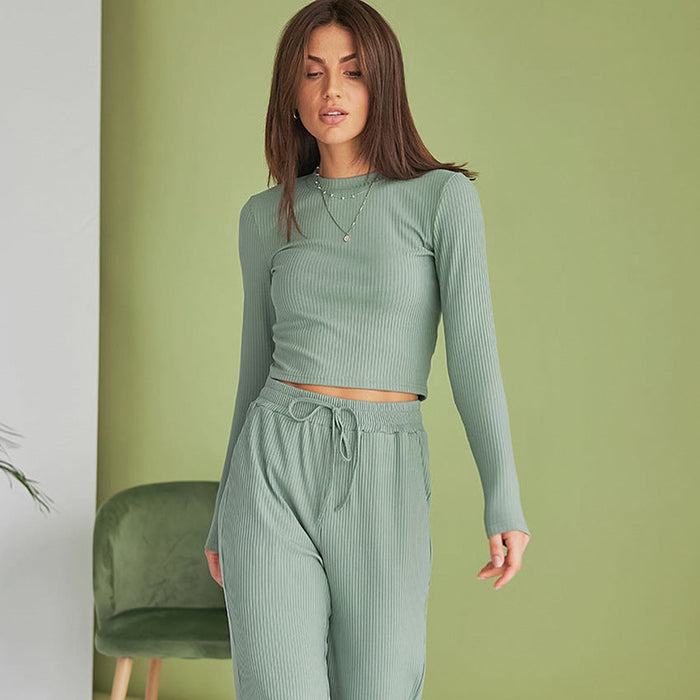 Comfortable Slim Knit Sunken Stripe Long Sleeved Trousers Autumn Pajamas Ladie Homewear Can Be Worn outside