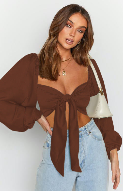 Solid Color Sexy Square Neck Tied Long Sleeves Top Autumn Ultra Short Lantern Sleeve Backless Chiffon Shirt