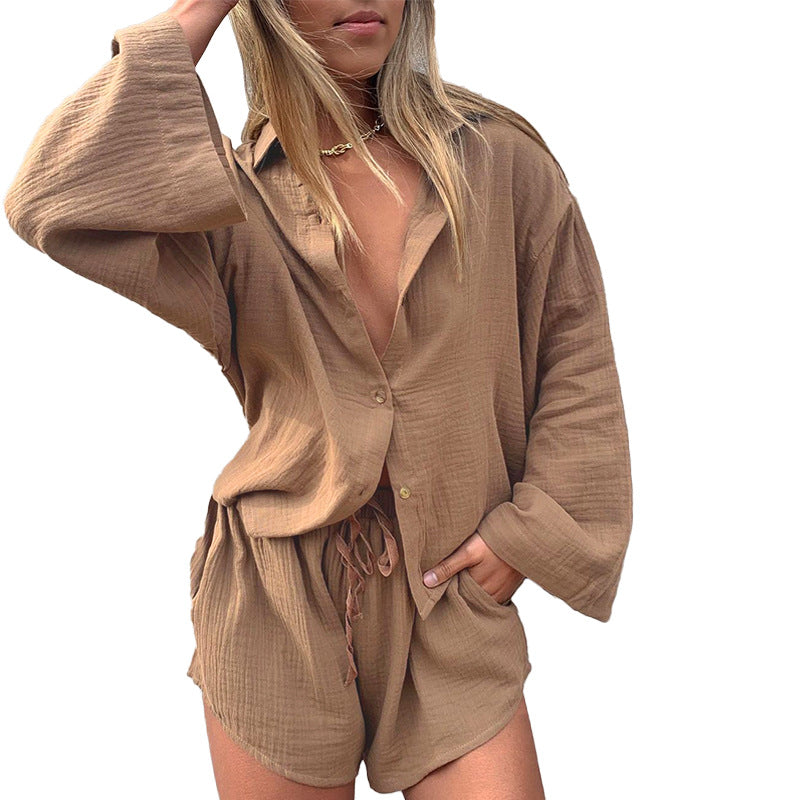 Women Clothing Loose Long Sleeve Shirt Casual Shorts Two-Piece Suit