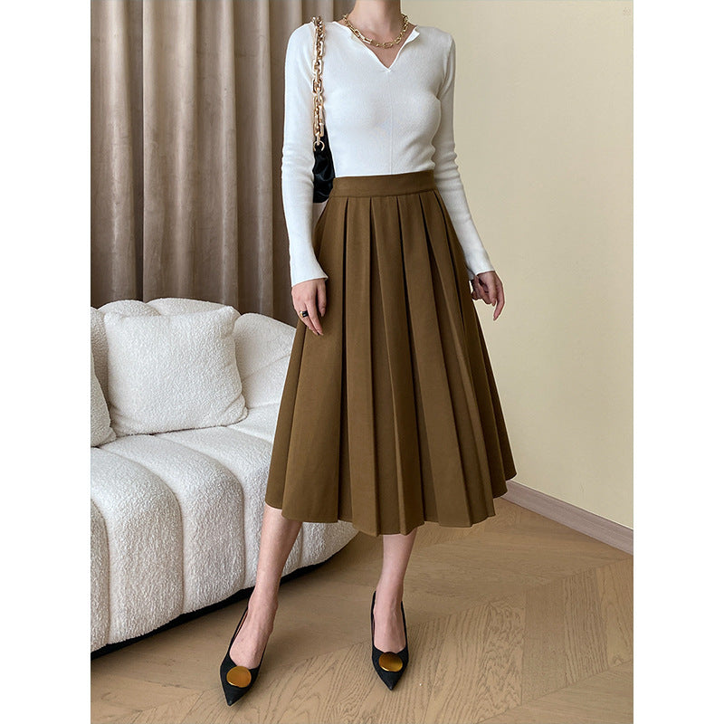 Early Autumn High Grade Elegant French Office Woolen A line Skirt Pleated Skirt