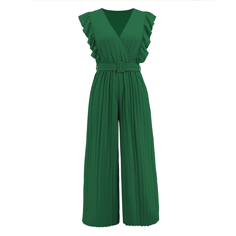 Sexy Slim Jumpsuit High Waist Sleeveless Lotus Leaf V neck Pleated Wide Leg Skort Women