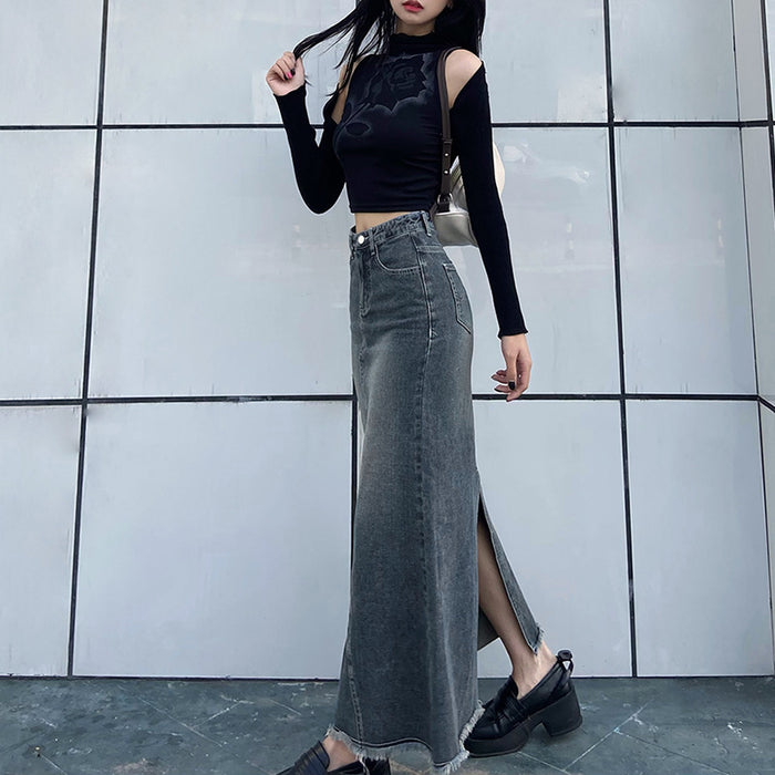 Autumn Winter Women Clothing Tight Waist Sheath White Tassel Edge Denim Long Skirts Skirt