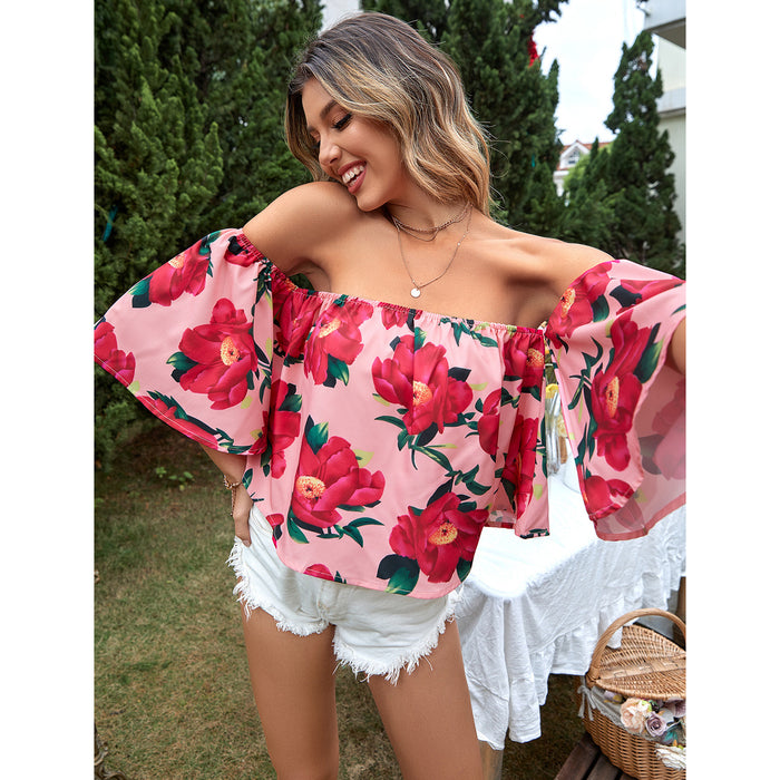 Women Clothing Casual Vacation All Match off Shoulder Floral Shirt