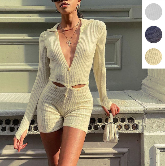 Spring Summer Best Women Clothes Sweater Long Sleeve Button Two Way Woolen Romper