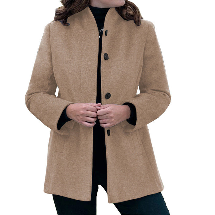 Autumn Winter Simplicity Long Sleeve Collared Button Slim-Fit Woolen Coat Women