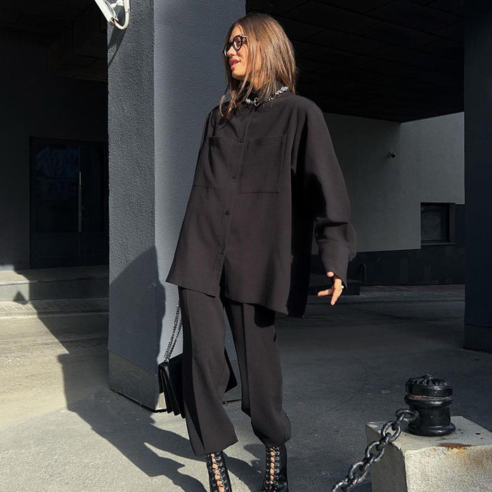 Casual Suit Women Clothing Autumn Winter Long Sleeve Black Loose Shirt Straight Leg Pants Two Piece Set