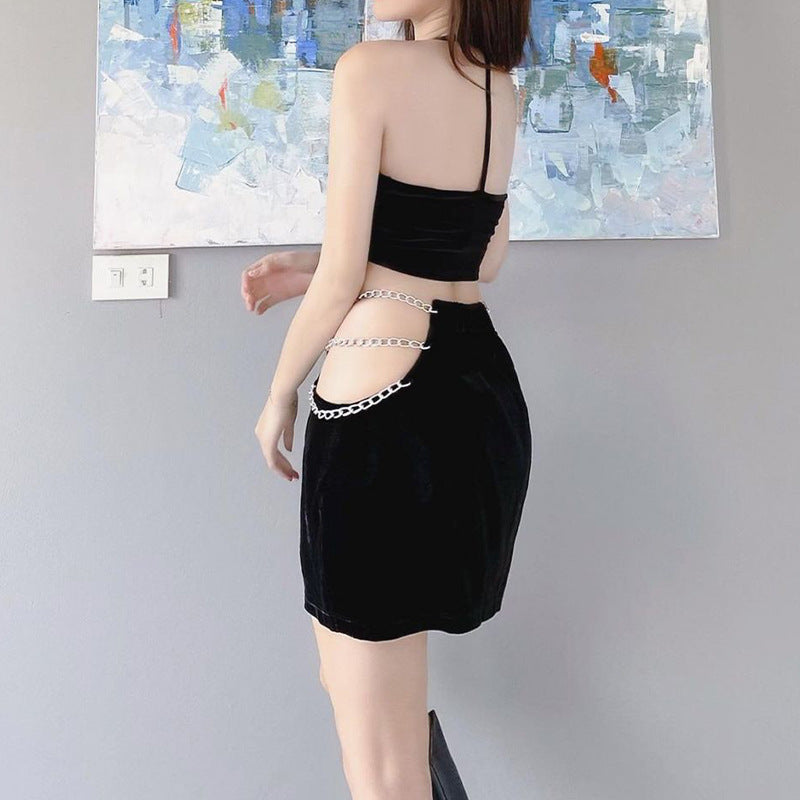 Summer Sexy Slimming Backless Package Hip Zipper Iron Chain Suit Skirt Two Piece Set