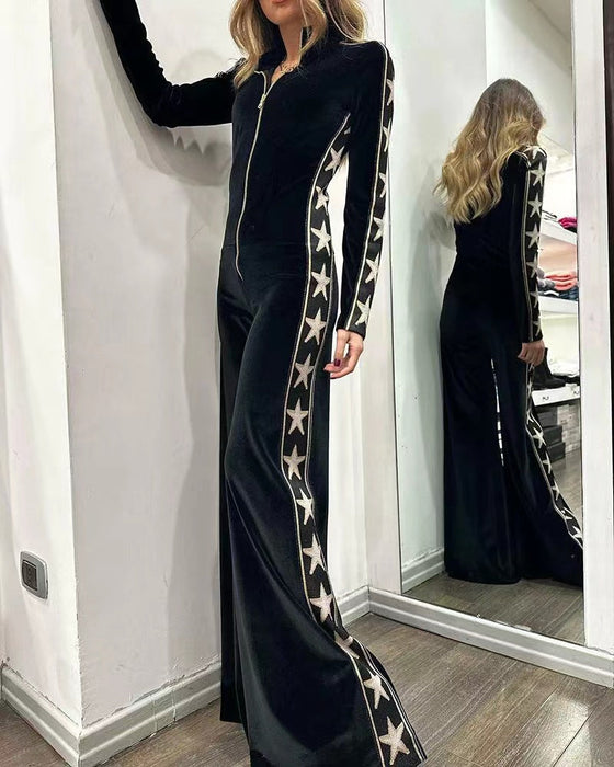 Women  Velvet Stitching Printed Long Sleeved Wide Leg Jumpsuit