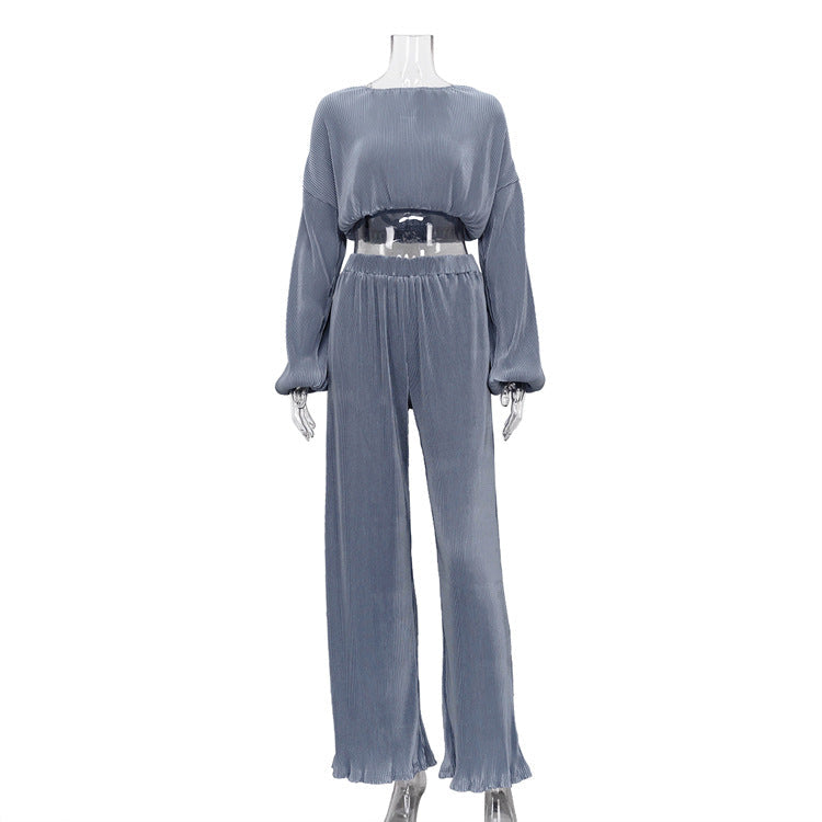Autumn Women Clothing Long Sleeve cropped Shirt Pleated Wide Leg Trousers Two Piece Set