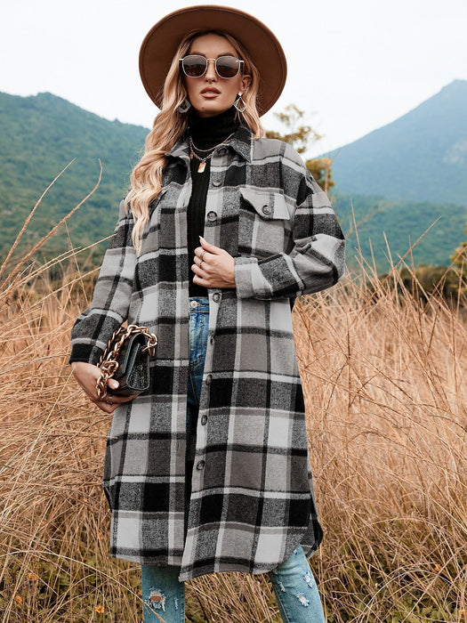 Autumn Winter Women Plaid Trench Coat