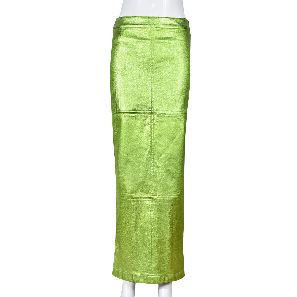Metallic Coated Fabric Slim Fit Sheath Patchwork Slit Bright Leather Women Skirt