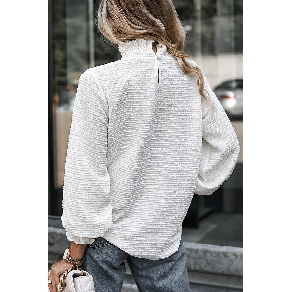 Women Pleated Neck Texture Long Sleeved Top Loose All Matching Simple Bottoming Shirt