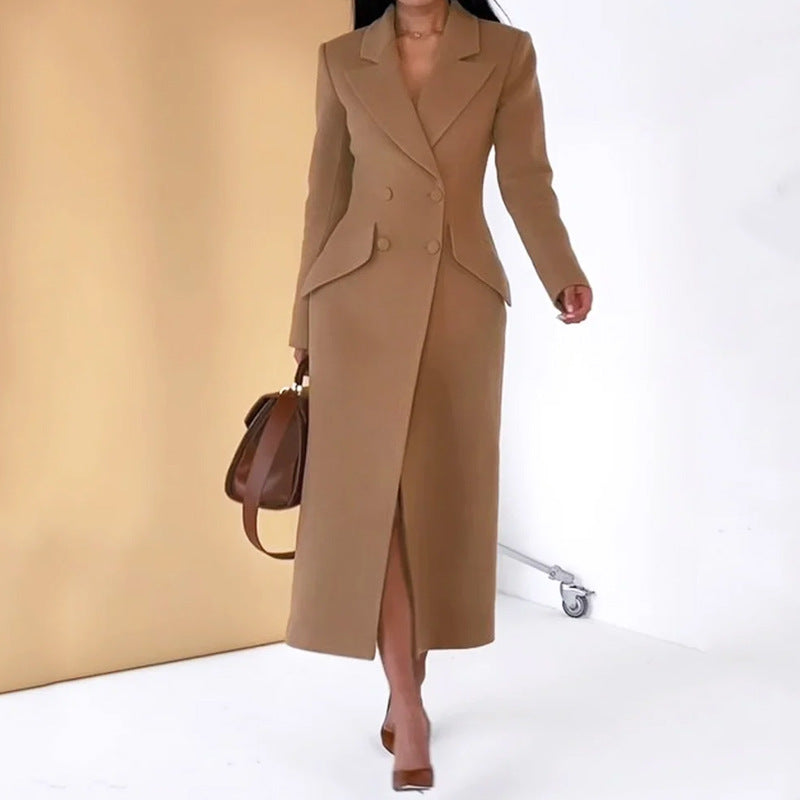 Women Clothing Autumn Winter Blazer Collared Long Sleeve Solid Color Dress