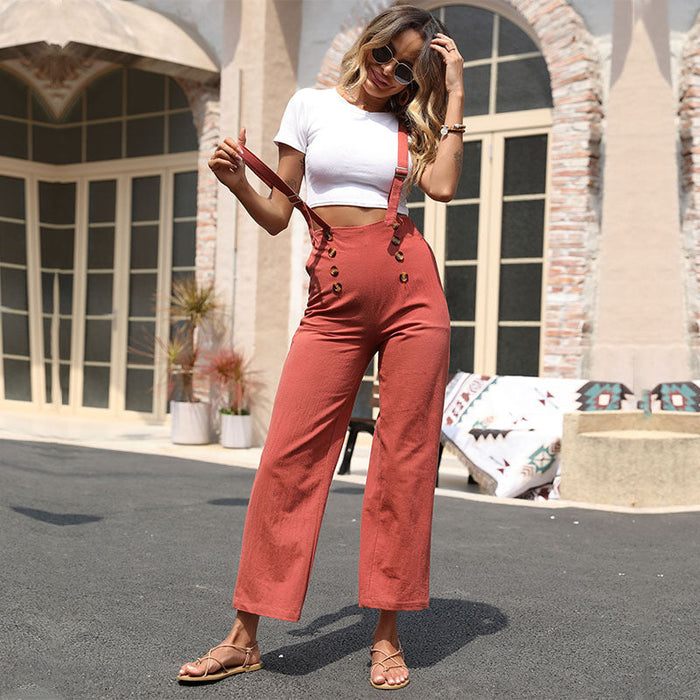 Summer Casual Women Wear Solid Color Loose Cotton Linen Straight Suspender Pants