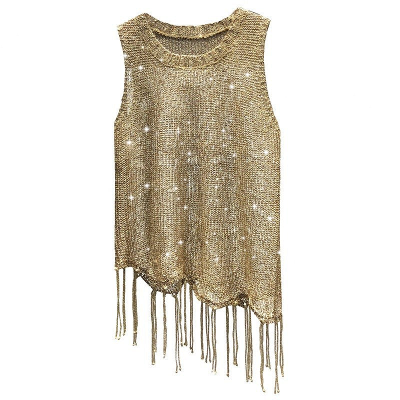 【MOQ-5 packs】 Hollow Out Cutout Sexy Summer Sequined Small Sling Vest Sleeveless round Neck Tassel Outer Wear Knitted Top for Women