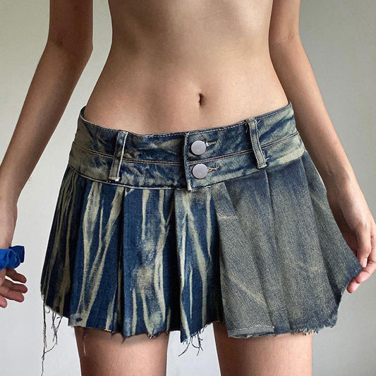 Street Women Clothing Washed Do the Old Cowboy Miniskirt Sexy Low Waist Two Button Frayed Pleated Skirt