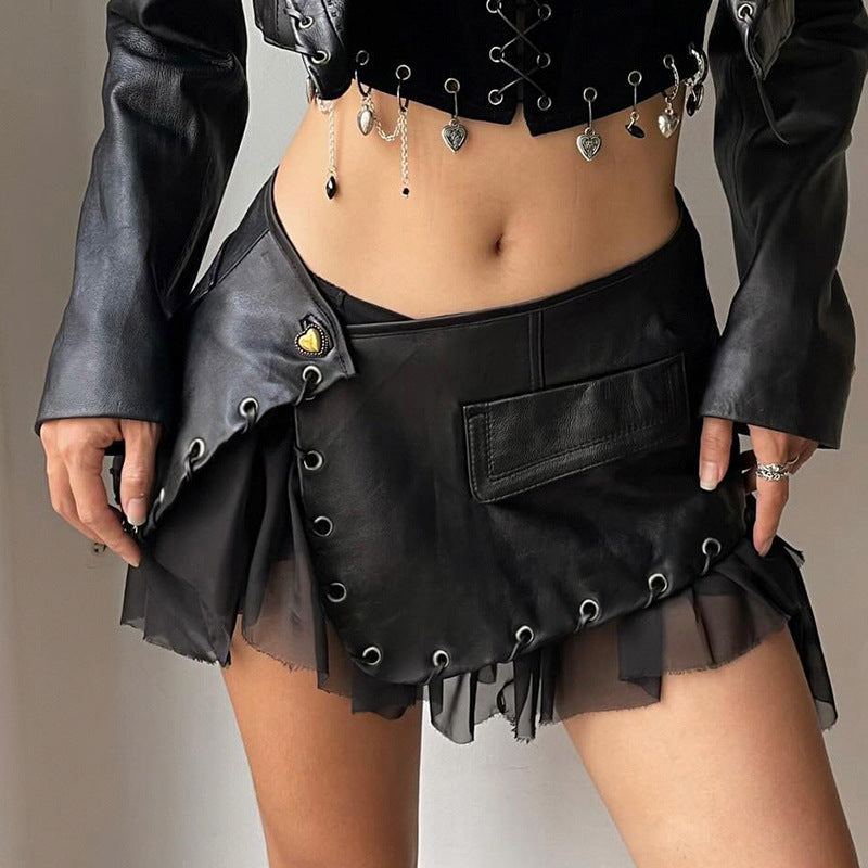 Retro Sexy One Piece Eyelet Button Faux Leather Skirt Sexy Punk A line Split Hip Skirt