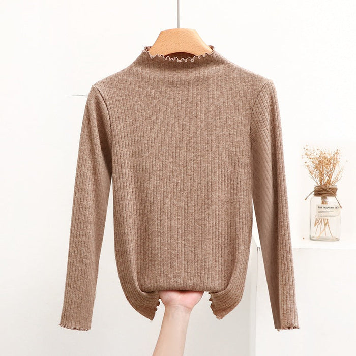 Women Half Turtleneck Slimming Stretch Sweater Spring Autumn Western Slim Fit Long Sleeve Bottoming Sweater Wooden Ear