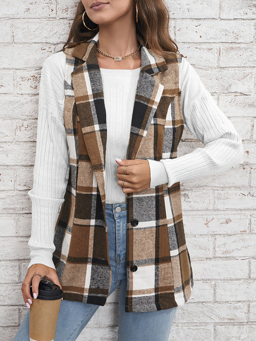 Spring Autumn Winter Women Top Polo Collar Single Breasted Vest Plaid Coat