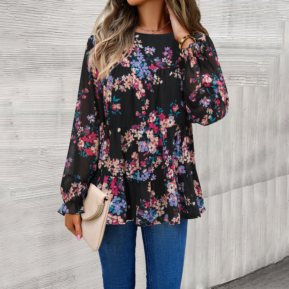 Women Clothing Autumn Winter Casual Printing Long Sleeve round Neck Top