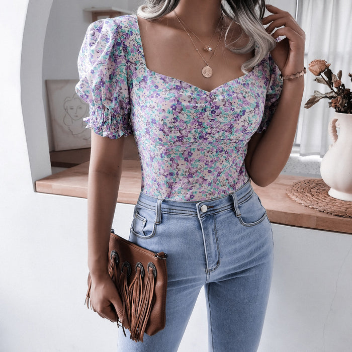 Summer Casual Lantern Sleeve Square Collar Sexy Floral Chiffon Estampado Floral Blouse Top Women Clothing Blusas