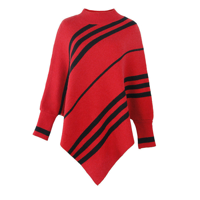 Autumn Winter Cape Shawl Women Sweater round Neck Striped Sweater