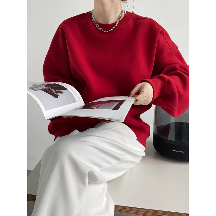 Autumn Wine Red Loose Female Korean Loose Bf Long Sleeve Pullover Top Sweatshirt