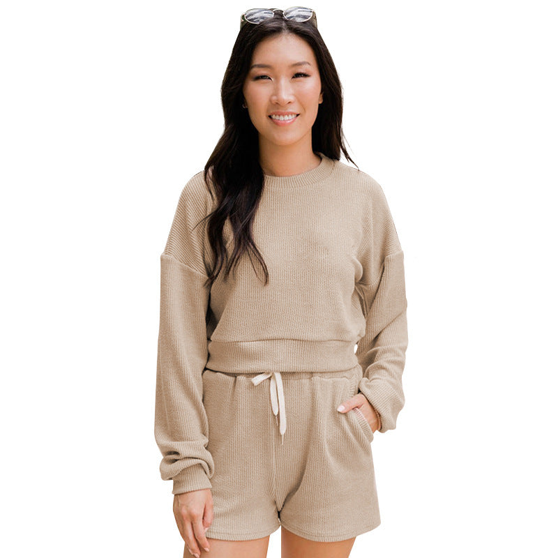 Autumn Winter Solid Color round Neck Pullover Long Sleeve Sweater Women Casual Shorts Suit