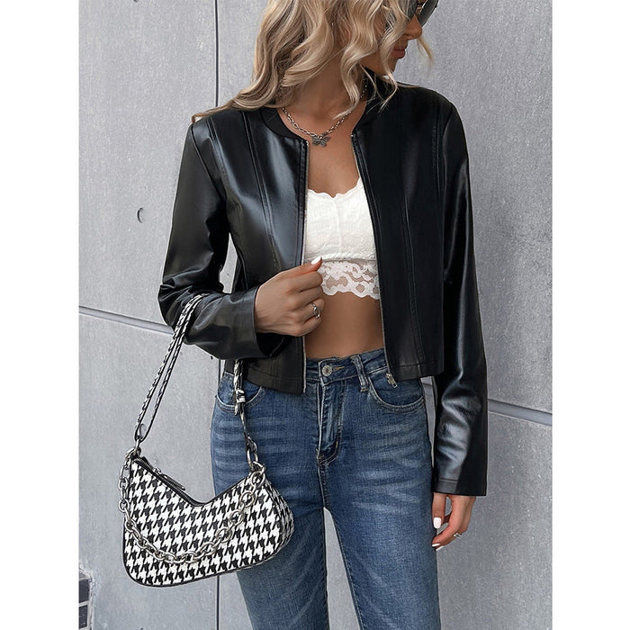 Casual Long Sleeve Zip Cardigan Tops Faux Leather Motorcycle Leather Jacket Coat for Women