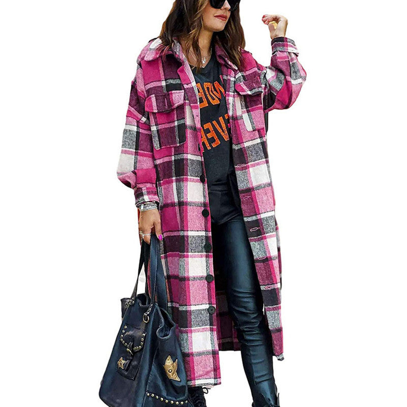 Autumn Winter Long Trench Coat Side Slit Collared Slim Women Woolen Plaid Coat