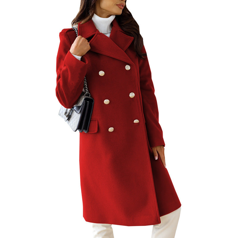 Autumn Winter Simplicity Long Sleeve Collared Double Breasted Woolen Coat Women Clothing