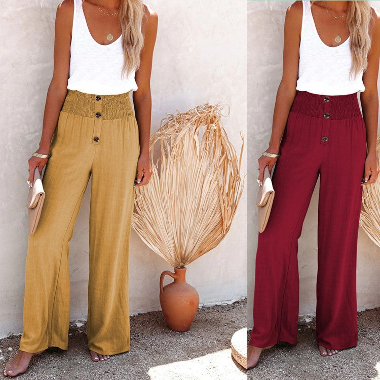 Women Clothing High Waist Loose Long Cotton Linen Wide Leg Pants Elastic Loose Casual Wide Leg Women