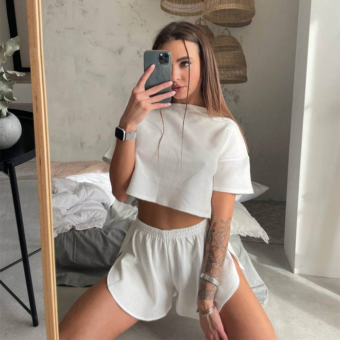 Summer Waffle Casual Suit Women Short T shirt round Neck Short Sleeve Top Shorts Sexy Two Piece Suit Women