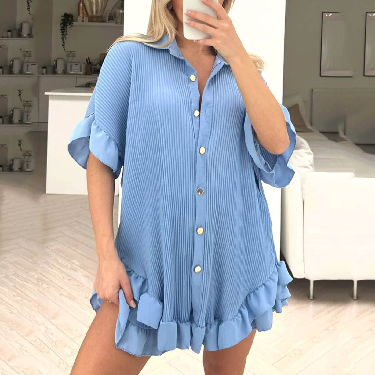 Shorts Short Sleeved Shirt Two Piece Women  Loose Pleated Wooden Ear Casual sets