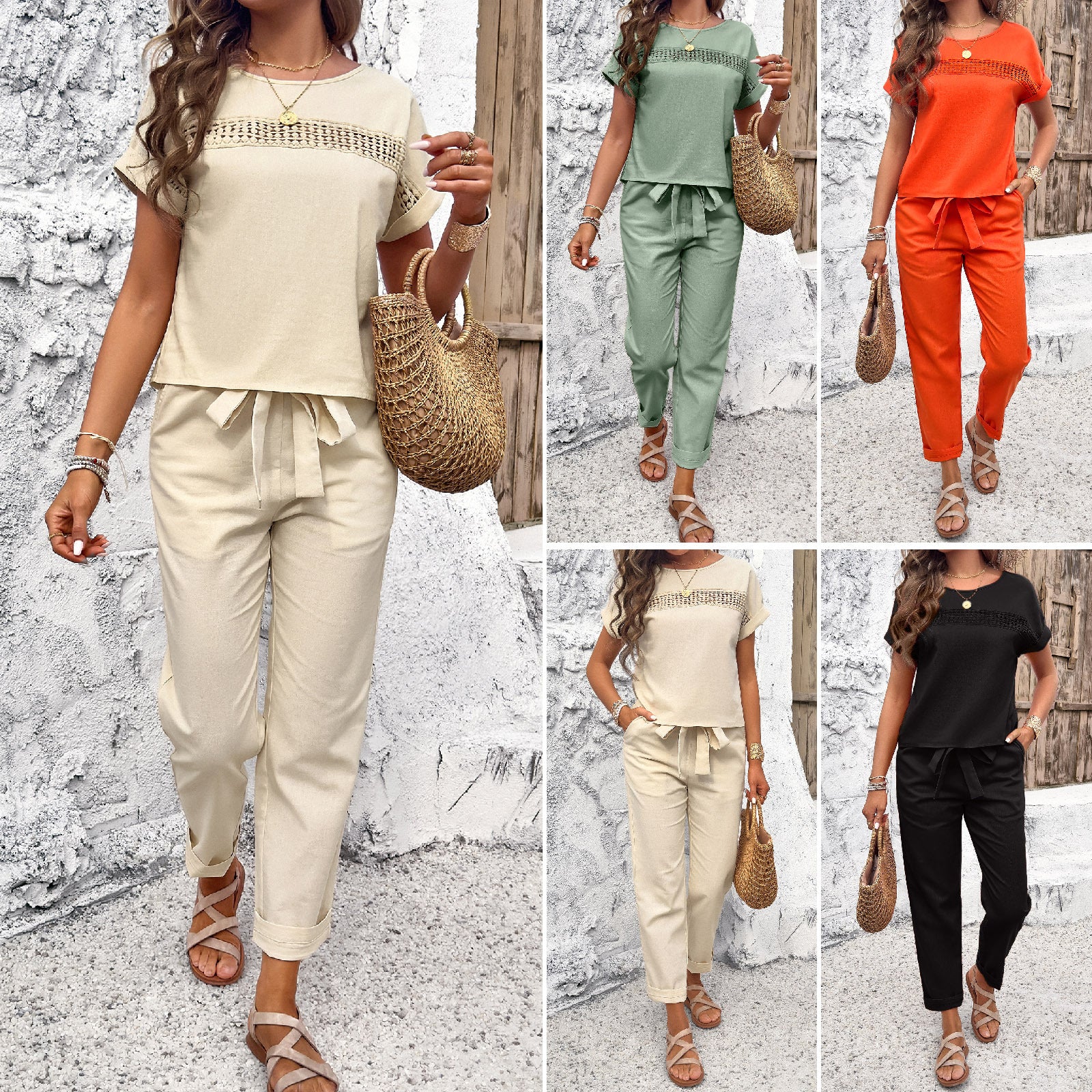 Women Clothing Shein Spring Summer Casual Short Sleeve Top Trousers Suit