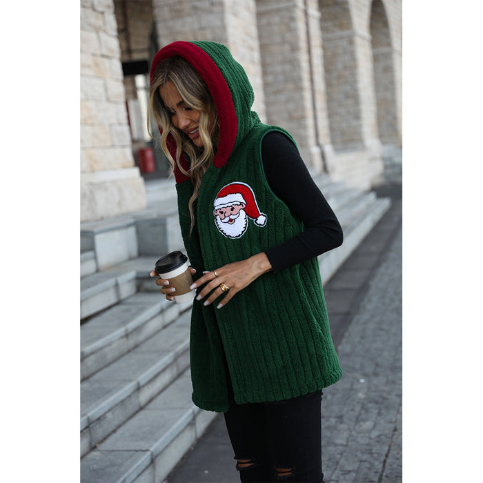 Autumn Winter Women Hooded Sleeveless Loose Casual Christmas Buckle Free Plush Coat