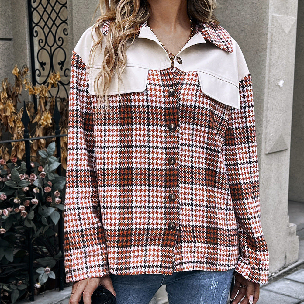 Leather Stitching Plaid Long Sleeved Plaid Top Loose Casual Shirt Single Breasted Jacket Coat for Women