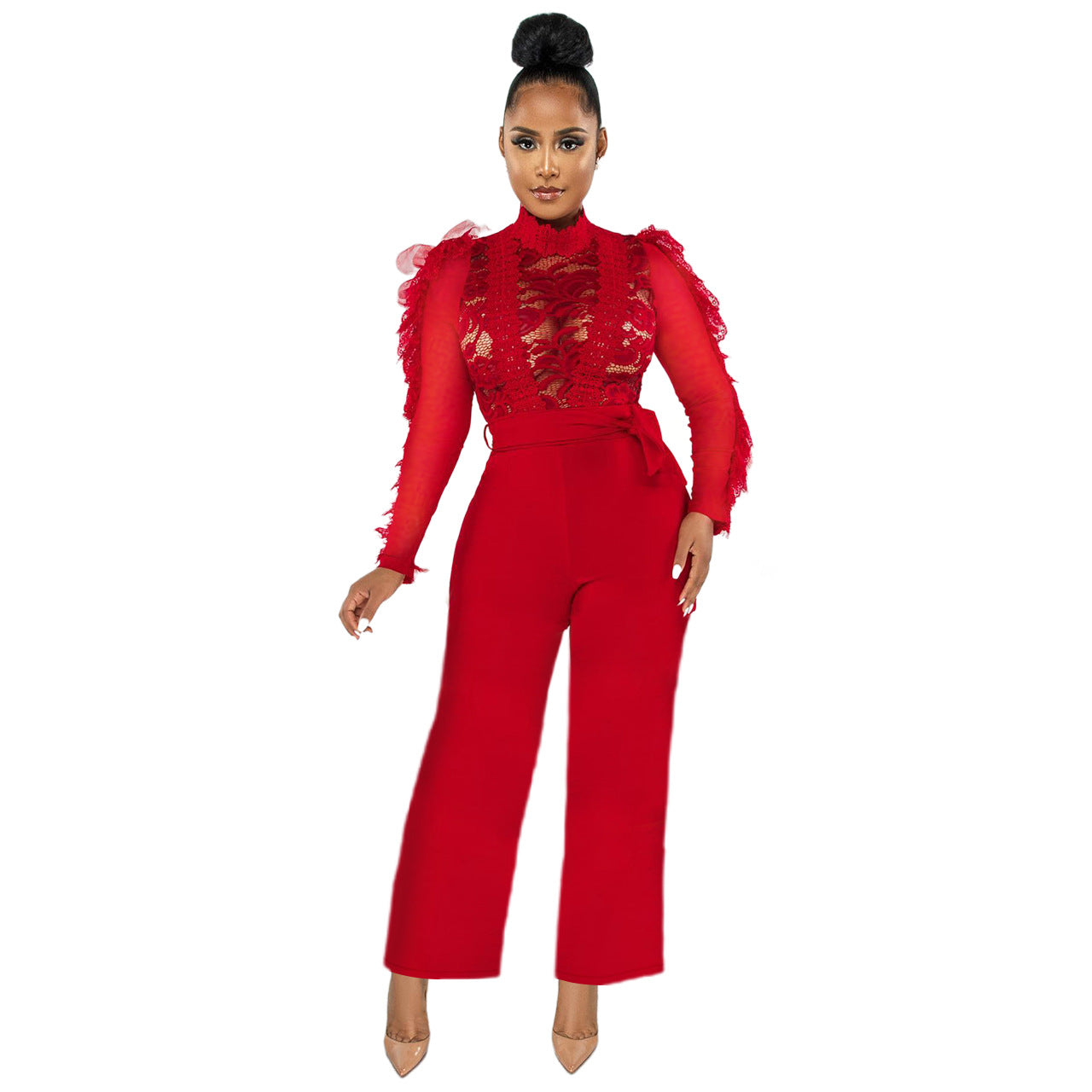 Women Clothing Autumn Winter Eyelash Lace Trousers Sexy See-through Jumpsuit