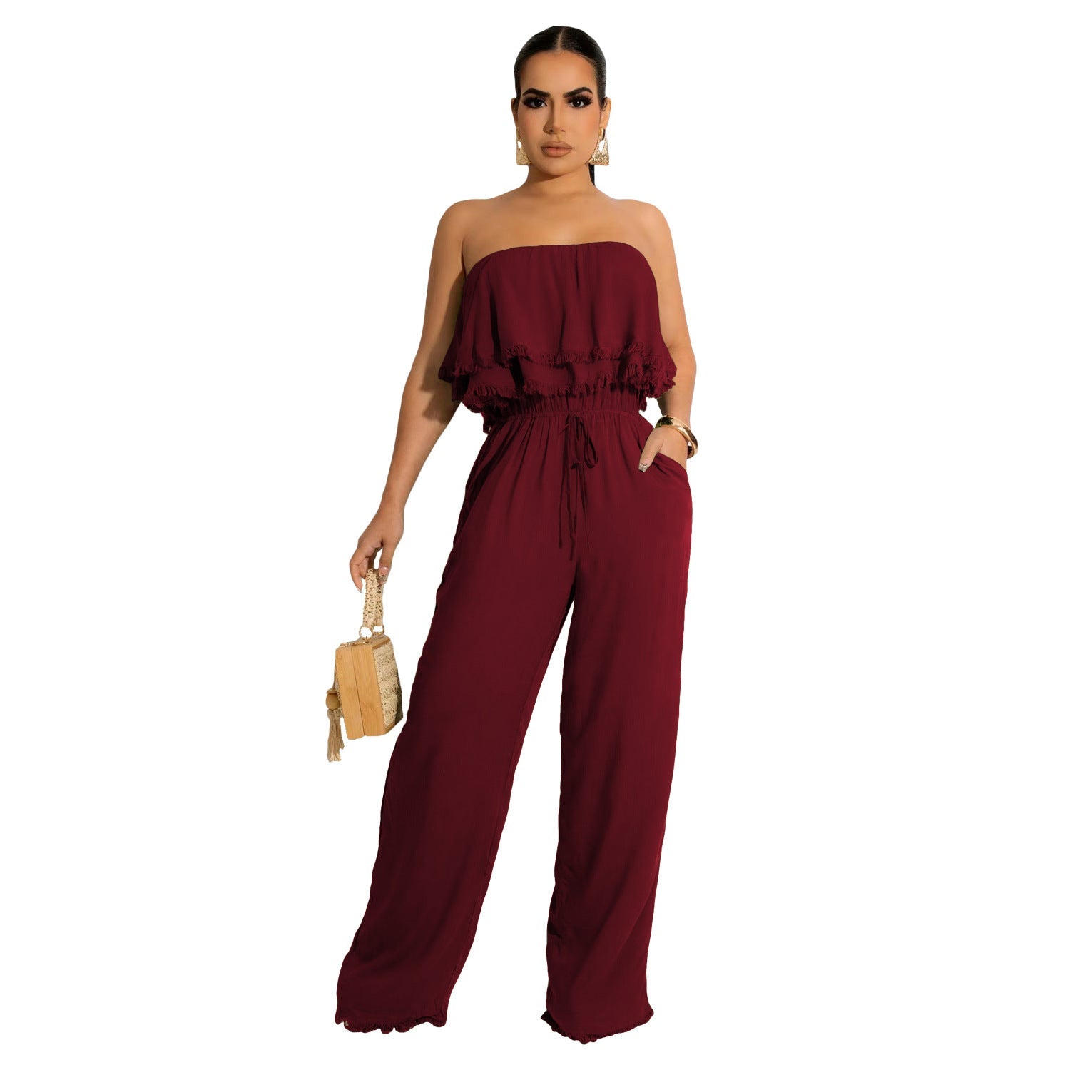 Women Clothing Solid Color Sleeveless Casual Wrapped Chest Ruffled Jumpsuit