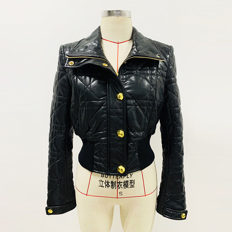 Goods Star Locomotive Slim Fit Waistline Plaid Short Leather Jacket Coat