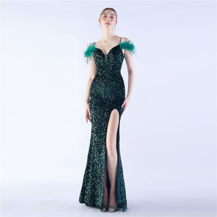 Craft Order Ostrich Feather High Density Sequined Long Evening Dress