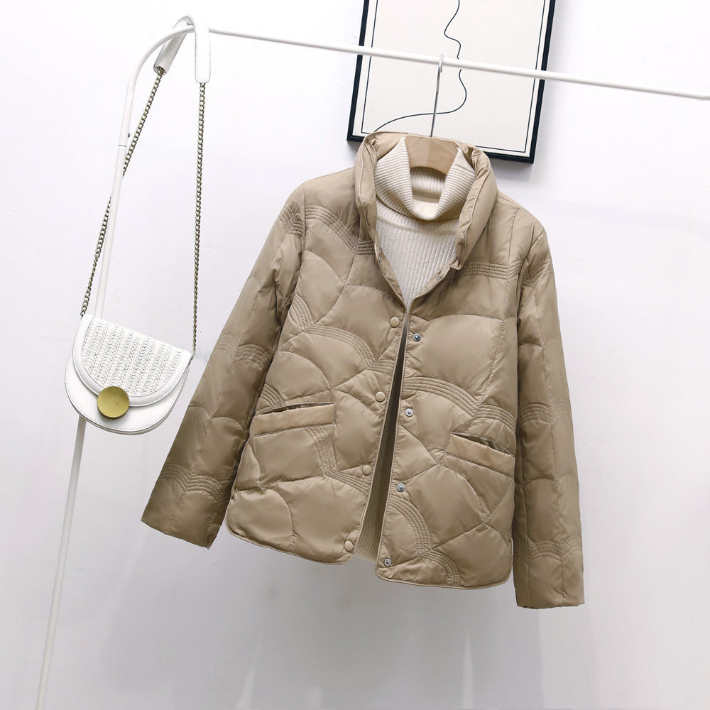 Autumn Winter Single Breasted Women Stand up Collar down Jacket Thin Side Slit Coat